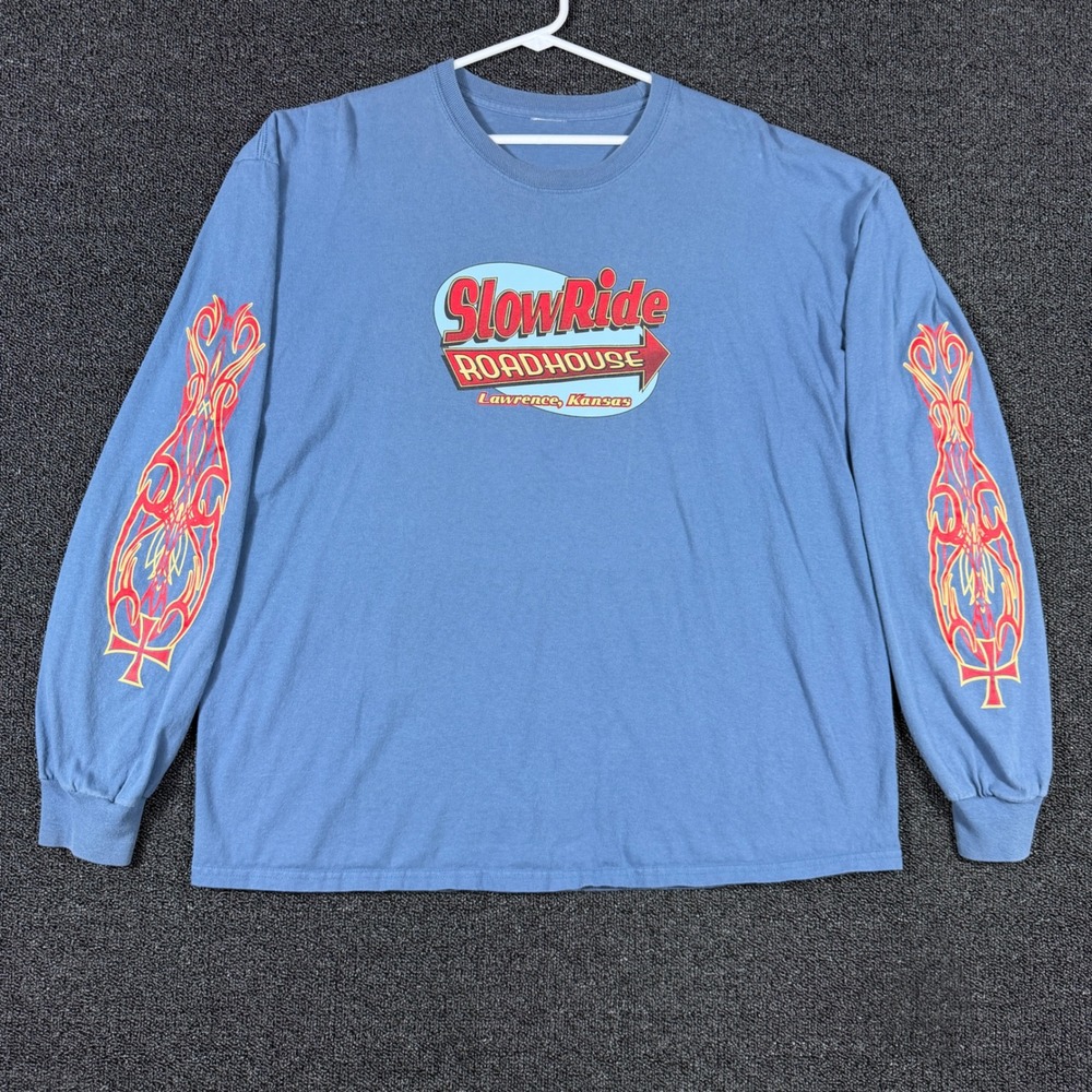 SlowRide Roadhouse Lawrence Kansas Tee Mens L Blue Graphic Biker Pin‎ up Girl
